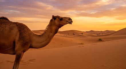 Camel standing in front of the desert