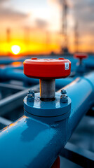 Obraz premium A close-up of a valve on a blue industrial pipe, highlighting a red handle against a sunset backdrop, showcasing a blend of machinery and nature.