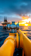 A close-up of a yellow pipe valve against a sunset backdrop, highlighting an offshore oil rig, capturing industrial beauty in a marine environment.