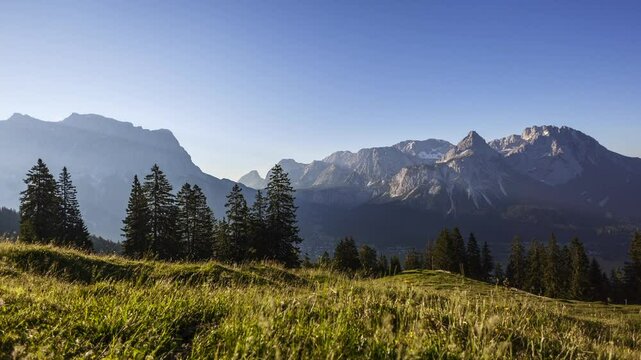 Time lapse mountain panorama, Zugspitze and Ehrwalder Sonnenspitz mountains, Zugspitzarena, Tyrol in Austria