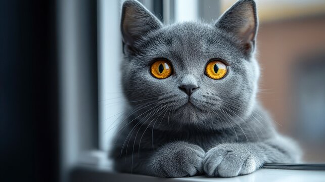 Gray cat with intense yellow eyes, paws forward, looking at viewer by window - Powered by Adobe