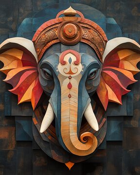 Detailed artistic depiction of a colorful elephant face with elaborate decorations