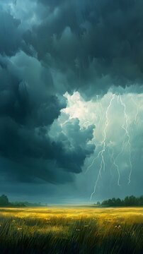 A thunderstorm rolling over an open field, with dramatic lightning illuminating the sky