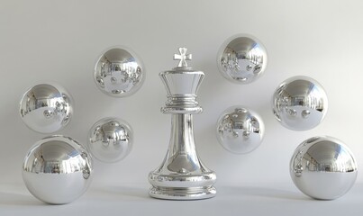 Silver king chess piece surrounded by reflective spheres on white