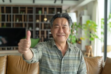 Portrait of a glad asian man in his 50s showing a thumb up isolated in crisp minimalistic living room