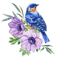 watercolor blue bird with purple anemone flowers and green leaves floral for botanical design and greeting card print