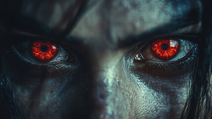 A fiery stare with glowing red eyes, radiating anger and supernatural menace. Great for horror posters, dark fantasy covers, or dramatic wallpapers