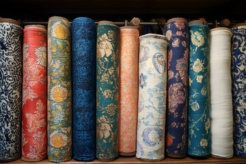 Colorful Rolls of Fabric with Various Patterns, Displayed in a Textile Store, Assorted Textile Designs