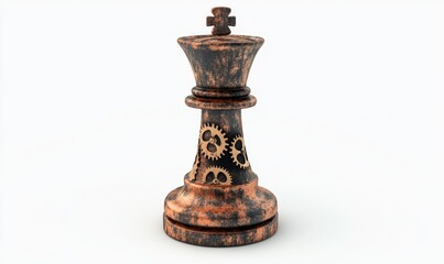 Fototapeta premium Steampunk chess king piece with gears on white background for game strategy concept