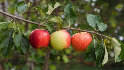 “Ripe Apples on Tree Branch ,Fresh Apple Orchard with Red and Green Apples , Organic Apple Fruit Hanging on Branch”