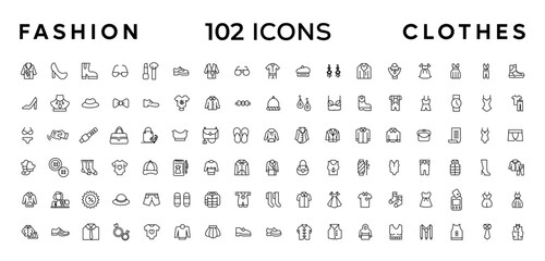 Fashion Minimal line icons collection. Jacket, Winter Coat, Sweatshirt, Dress, Hoody, Jeans, Hat icon for apps and website