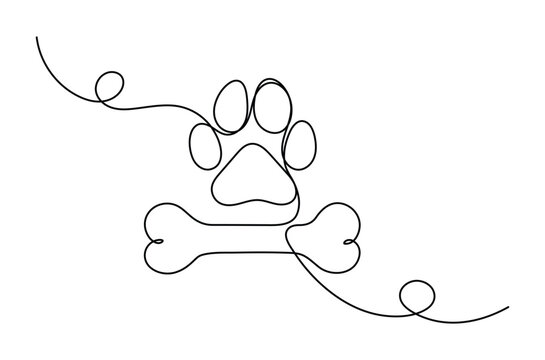 recommend clip art: Dog paw foot print with bone continuous one line drawing, dog paw one line art with editable stroke vector illustration