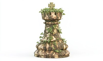 Fototapeta premium Stone chess king overgrown with ivy on white background, strategy concept