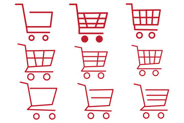 Shopping cart icon vector set. Retail supermarket trolley symbol. Simple grocery basket line icon set. Online purchase or buy cart sign. Add to cart symbol.