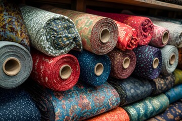 Colorful Rolls of Fabric with Various Patterns, Displayed in a Textile Store, Assorted Textile Designs