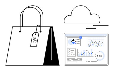 Shopping bag with discount tag, analytics dashboard with graphs, and cloud icon emphasize digital sales, online shopping, data analysis, retail trends, marketing strategies, performance tracking