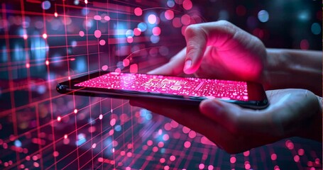 Close-up of a hand holding a smartphone, scanning a QR code, futuristic background with digital grids and holographic data displays, e-commerce and technology concept - Powered by Adobe