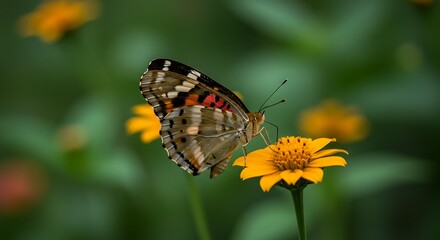 Fototapeta premium Painted Lady butterfly feeding on a vibrant yellow zinnia in a soft green meadow.