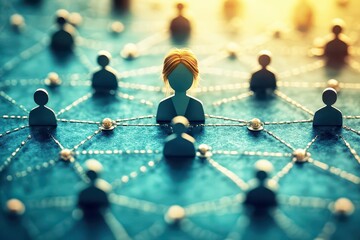 Conceptual visualization of social network connections highlighting individual in center surrounded by abstract human figures and lines representing relationships