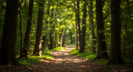 Fototapeta premium Sun-dappled forest path, tall trees framing a blurred, inviting trail through the woods.