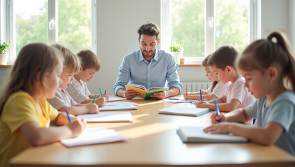 a male teacher reads a book, children and students write in a notebook, a lesson at school