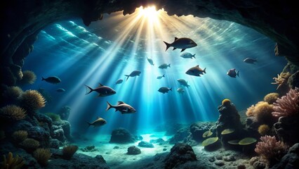 Obraz premium Underwater Cave with Light Rays and Colorful Coral Reef Scene
