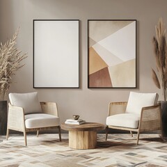 Two armchairs face a coffee table with abstract art.