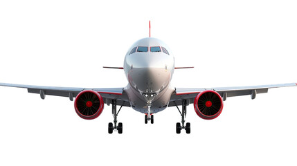 Naklejka premium Soaring Perspective: A modern aircraft in mid-flight, offering a front-view perspective that highlights its sleek design, powerful engines, and streamlined wings.