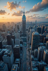 Obraz premium Aerial drone shot of a modern city skyline at dusk, with golden sunlight reflecting off skyscrapers and winding streets contrasting with sleek architecture Generative AI
