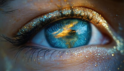 Close-Up Blue Eye with Gold and Blue Glitter Makeup