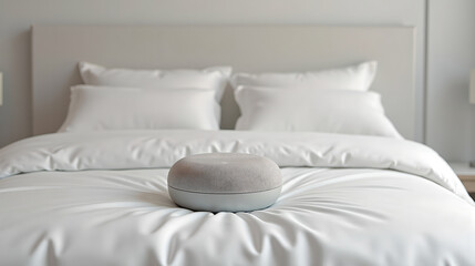 a smart speaker on a layered white sheets, placed in a premium hotel suite