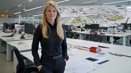 Confident woman standing in a modern office environment with design plans