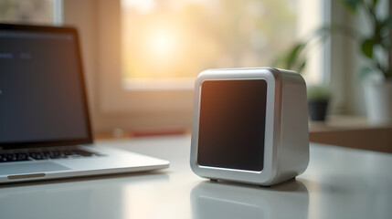 Square smart display on white surface by window
