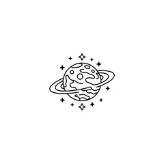 Minimalist Line Art Planet with Stars - Vector Illustration