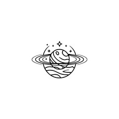Minimalist Planet Illustration with Rings and Stars - Line Art