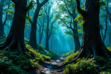 Naklejka premium A forest with trees and a path. The trees are tall and green, and the path is surrounded by bushes. Scene is peaceful and serene, as the viewer is surrounded by nature and the sounds of the forest