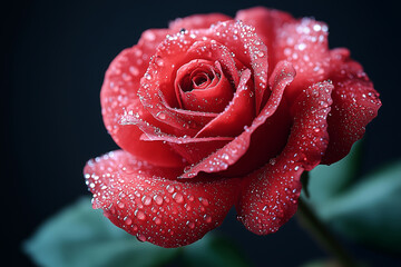 A beautiful red rose with water droplets on its petals, set against a black background. 
