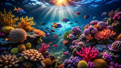 Obraz premium Vibrant Coral Reef with Colorful Fish Swimming in Clear Water