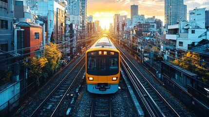 Obraz premium Sunset Train Ride Through Urban Japan: A Golden Hour Journey