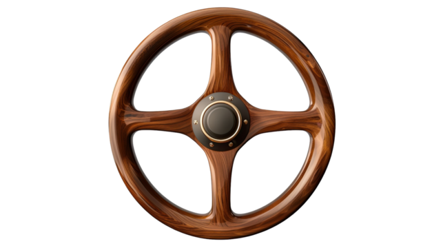 Classic Wooden Steering Wheel: A close-up shot of a beautifully crafted classic wooden steering wheel, exuding elegance and a touch of nostalgia, ready to navigate the roads of adventure.