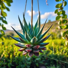 Obraz premium Hanging aloe vera succulent, thick stem, round leaves, greenery landscape, image, aloe vera, vibrant