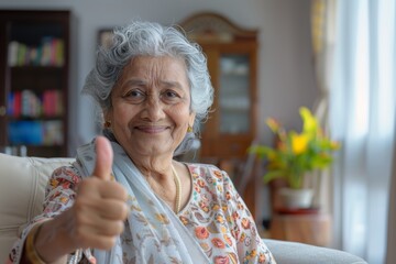 Portrait of a smiling indian woman in her 80s showing a thumb up in front of crisp minimalistic living room