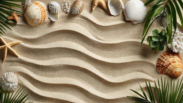 Shells, starfish and palm leaves on the sand. Selective focus. nature.