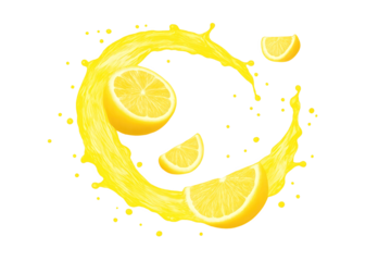 Sliced lemons with yellow juice splash forming a dynamic swirl, isolated on transparent background. Concept of freshness, citrus flavor, summer, and vitamin C