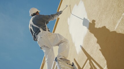 A Hispanic painter applying a fresh coat to a commercial building exterior. Featuring detail and craftsmanship