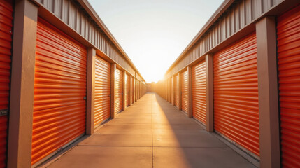Storage units orange doors sunset pathway storage facility outdoor perspective lines architecture empty bright modern organized rental facility