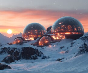 Futuristic Dwellings on Snowy Terrain: A breathtaking vista showcases modern, glowing spherical structures nestled among snowy hills under a serene sky.
