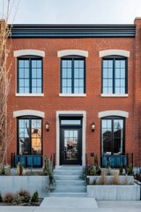Fototapeta premium Modern brick townhouse with large windows and landscaped front yard situated on a quiet street in an urban area during the late afternoon