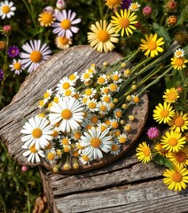 Obraz premium Rustic chamomile sprigs, dried, on weathered wood, surrounded by blooming wildflowers, plant, backdrop