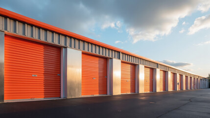 Storage units orange doors metal exterior modern design outdoor facility organized space urban storage rental units clouded sky evening light